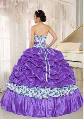 Beaded and Pick-ups For Purple Printing Sweet 16 Dresses Taffeta