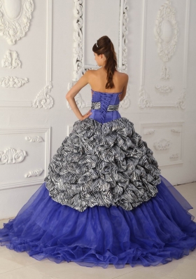 Classical Blue Strapless Court Train Zebra and Organza Quinceanera Dress