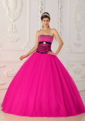 Coral Red Princess Strapless Quinceanera Dress with Zebra Beading