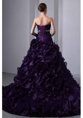 Dark Purple A-line Strapless Brush Train Beading and Ruching Quinceanea Dress