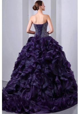 Dark Purple Princess Sweetheart Beading and Ruffles Quinceanea Dress