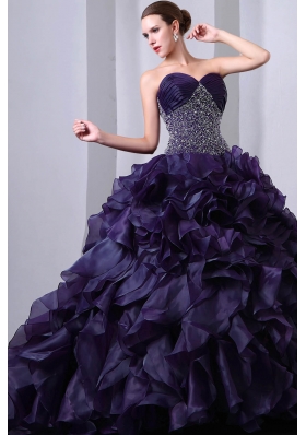Dark Purple Princess Sweetheart Beading and Ruffles Quinceanea Dress