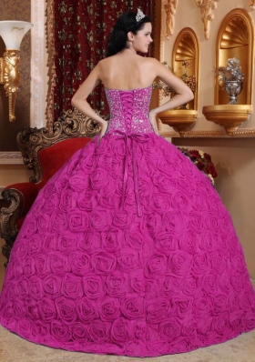 Fuchsia Ball Gown Strapless Quinceanera Dress With Rolling Flowers Beading