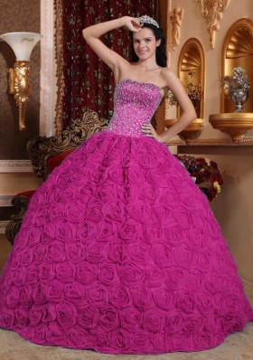 Fuchsia Ball Gown Strapless Quinceanera Dress With Rolling Flowers Beading