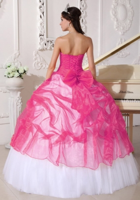 Hot Pink and White Ball Gown Strapless Long Appliques Quinceanera Dress