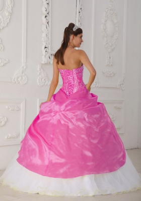 Hot Pink and White Ball Gown Strapless Quinceanera Dress with Taffeta Appliques Hand Flower