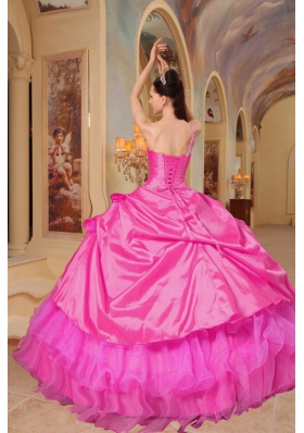 Hot Pink Ball Gown One Shoulder Quinceanera Dress with Taffeta