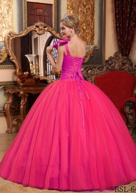 Hot Pink Ball Gown One Shoulder Quinceanera Dress with Tulle Beading