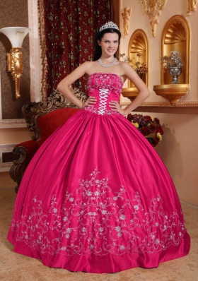 Hot Pink Ball Gown Strapless Quinceanera Dress with Taffeta Embroidery