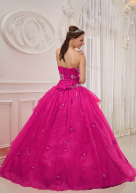 Hot Pink Ball Gown Strapless Quinceanera Dress with  Taffeta Organza Appliques