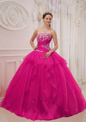 Hot Pink Ball Gown Strapless Quinceanera Dress with  Taffeta Organza Appliques