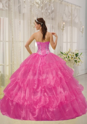 Hot Pink Ball Gown Strapless Quinceanera Dress with Taffeta Organza Beading