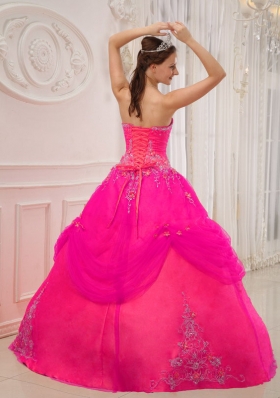 Hot Pink Ball Gown Strapless Quinceanera Dress with Taffeta Tulle Appliques