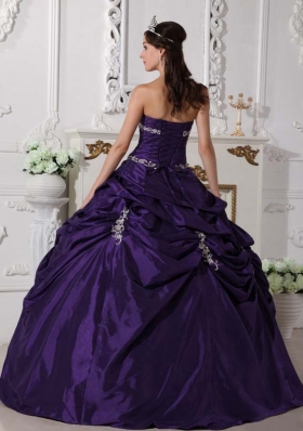 New Style Strapless Appliques Purple Quinceanera Gowns with Pick-ups