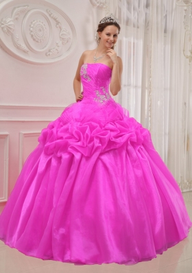 Puffy Hot Pink Strapless 2014 Quinceanera Dress with Beading