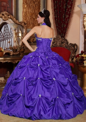 Purple Ball Gown Halter Top Appliques and Pick-ups Quinceanera Dress