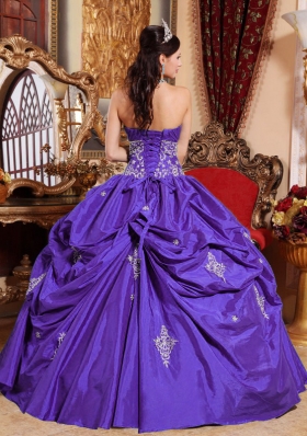 Purple Ball Gown Strapless Appliques Dress For Quinceaneras with Pick-ups