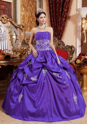 Purple Ball Gown Strapless Appliques Dress For Quinceaneras with Pick-ups