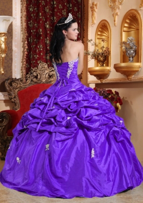 Purple Ball Gown Strapless Quinceanera Dress with Appliques and Pick-ups