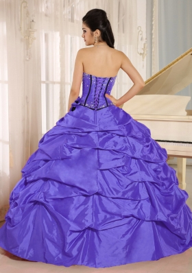 Purple Beaded and Hand Made Flowers Dresses Quinceanera With Pick-ups