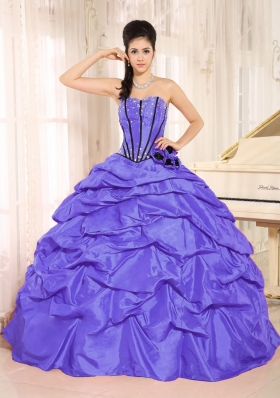 Purple Beaded and Hand Made Flowers Dresses Quinceanera With Pick-ups