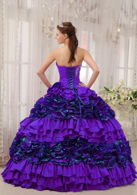 Purple Straplesas Appliques and Ruching Quinceanera Dress with Ruffles