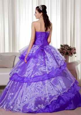 Purple Sweetheart Beading and Hand Made Flower Dress For Quinceanera with Ruffled Layers