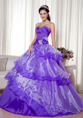 Purple Sweetheart Beading and Hand Made Flower Dress For Quinceanera with Ruffled Layers