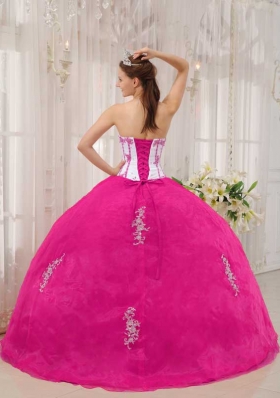 White and Hot Pink Ball Gown Sweetheart Quinceanera Dress with Taffeta Appliques