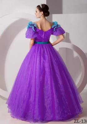 A-line V-neck Floor-length Organza Hand Made Flowers Prom Dress