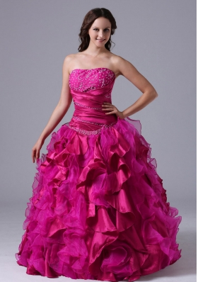 Ball Gown Fuchsia Quinceanera Dress  with Ruffles Beaded Decorate Bust