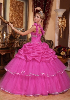 Hot Pink Ball Gown One Shoulder Quinceanera Dress with  Organza Beading Pick-ups