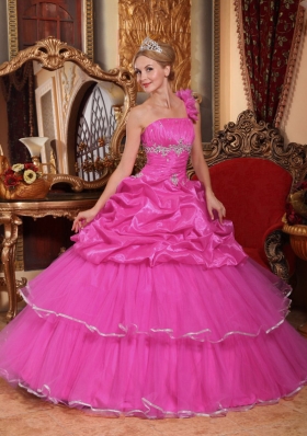 Hot Pink Ball Gown One Shoulder Quinceanera Dress with  Organza Beading Pick-ups