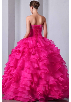 Coral Red Princess Sweetheart Quinceanea Dress with  Organza Beading and Ruffles