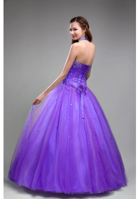 Discount Princess Halter Tulle Purple Quinceanera Gowns with Beading