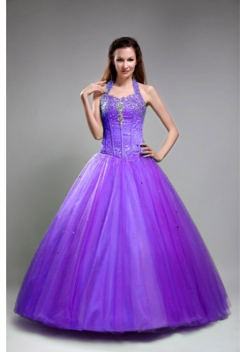 Discount Princess Halter Tulle Purple Quinceanera Gowns with Beading