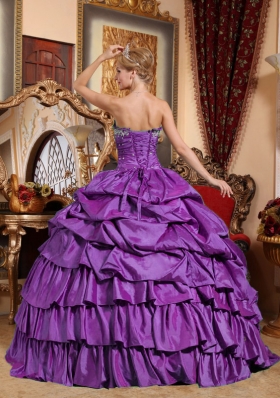 Eggplant Purple Strapless Appliques and Pick-ups Sweet 15 Dresses with Ruffled Layers