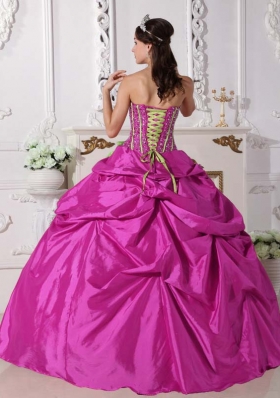 Fuchsia Ball Gown Strapless Quinceanera Dress with Taffeta Beading Hand Made Flowers