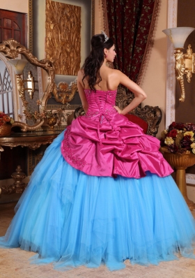 Hot Pink and Blue Ball Gown Strapless Quinceanera Dress with Appliques Beading