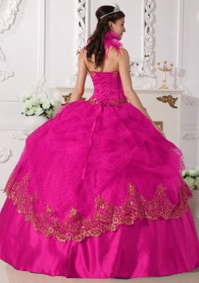 Hot Pink Ball Gown Halter Quinceanera Dress with Taffeta Beading Appliques