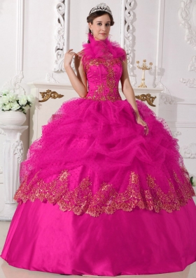 Hot Pink Ball Gown Halter Quinceanera Dress with Taffeta Beading Appliques