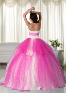 Hot Pink Ball Gown Strapless Quinceanera Dress with Tulle Beading