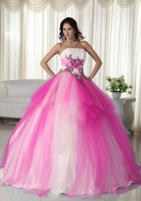 Hot Pink Ball Gown Strapless Quinceanera Dress with Tulle Beading