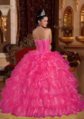 Hot Pink Ball Gown Strapless Quinceanera Dresses with Organza Beading