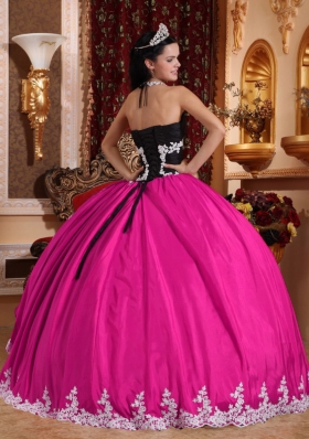 Hot Pink Ball Gown V-neck Quinceanera Dress with Taffeta Organza Appliques