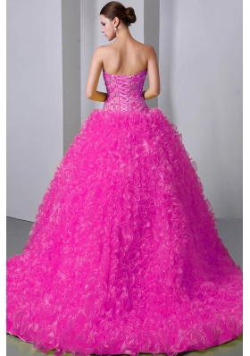 Hot Pink Princess Sweetheart Brush Train Quinceanea Dress with Organza Beading Ruffles