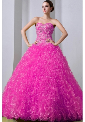 Hot Pink Princess Sweetheart Brush Train Quinceanea Dress with Organza Beading Ruffles