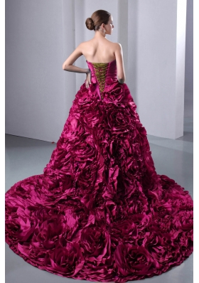 Hot Pink Princess Sweetheart Brush Train Quinceanea Dresses with Hand Made Flowers