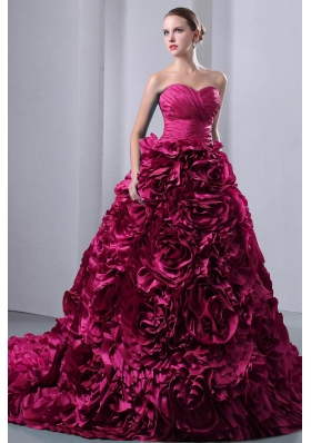 Hot Pink Princess Sweetheart Brush Train Quinceanea Dresses with Hand Made Flowers