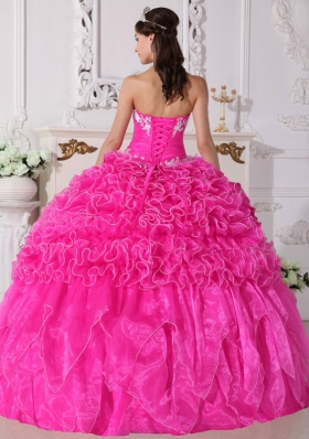 Pink Ball Gown Strapless Quinceanera Dress with Organza Embroidery Beading